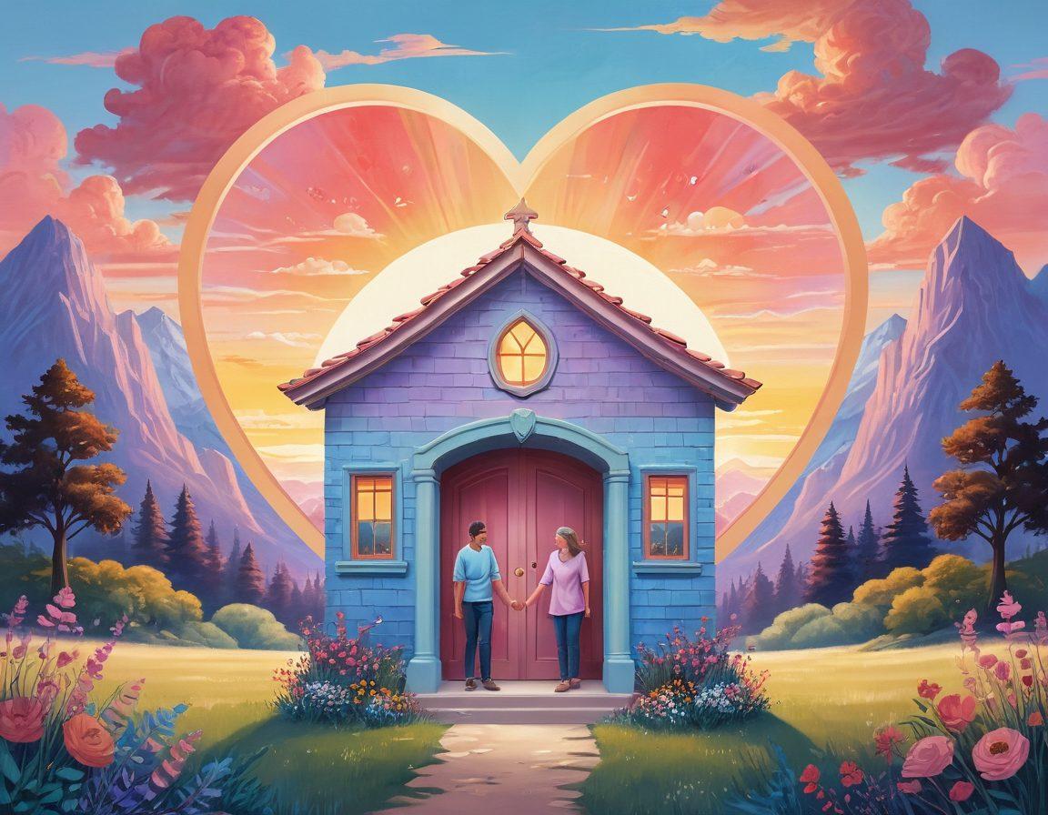 A heart-shaped shield symbolizing protection, adorned with various insurance icons such as a house, car, and health symbol, all surrounded by a warm, glowing aura. In the background, a serene landscape showing a happy couple enjoying their life, symbolizing joy and security. Soft pastel colors enhance the emotional feel of protection and love. digital illustration. vibrant colors. 3D.