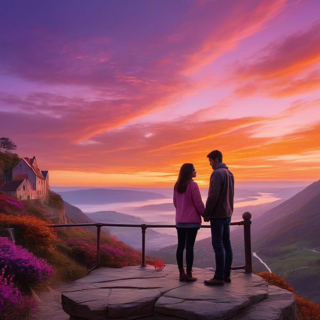 A romantic couple standing on a cliff, overlooking a beautiful sunset, intertwined in a loving embrace. In the foreground, a large heart-shaped lock symbolizes secured passion, while a subtle shield shape subtly emerges in the background to represent protection and risk management. The scene is vibrant, capturing the essence of love and security. dreamy and romantic color palette. super-realistic.