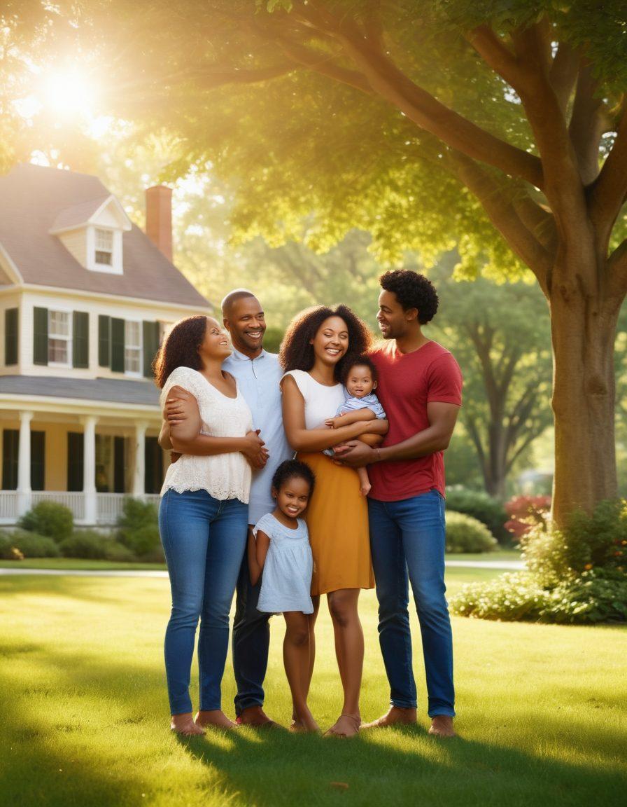 A warm and inviting scene depicting a diverse family joyfully embracing life together, surrounded by symbols of essential insurance policies such as a shield, heart, and home. Radiant sunlight filters through lush trees, creating a peaceful atmosphere. Include a heartwarming smile from each member to evoke happiness and security. super-realistic. vibrant colors. soft focus.